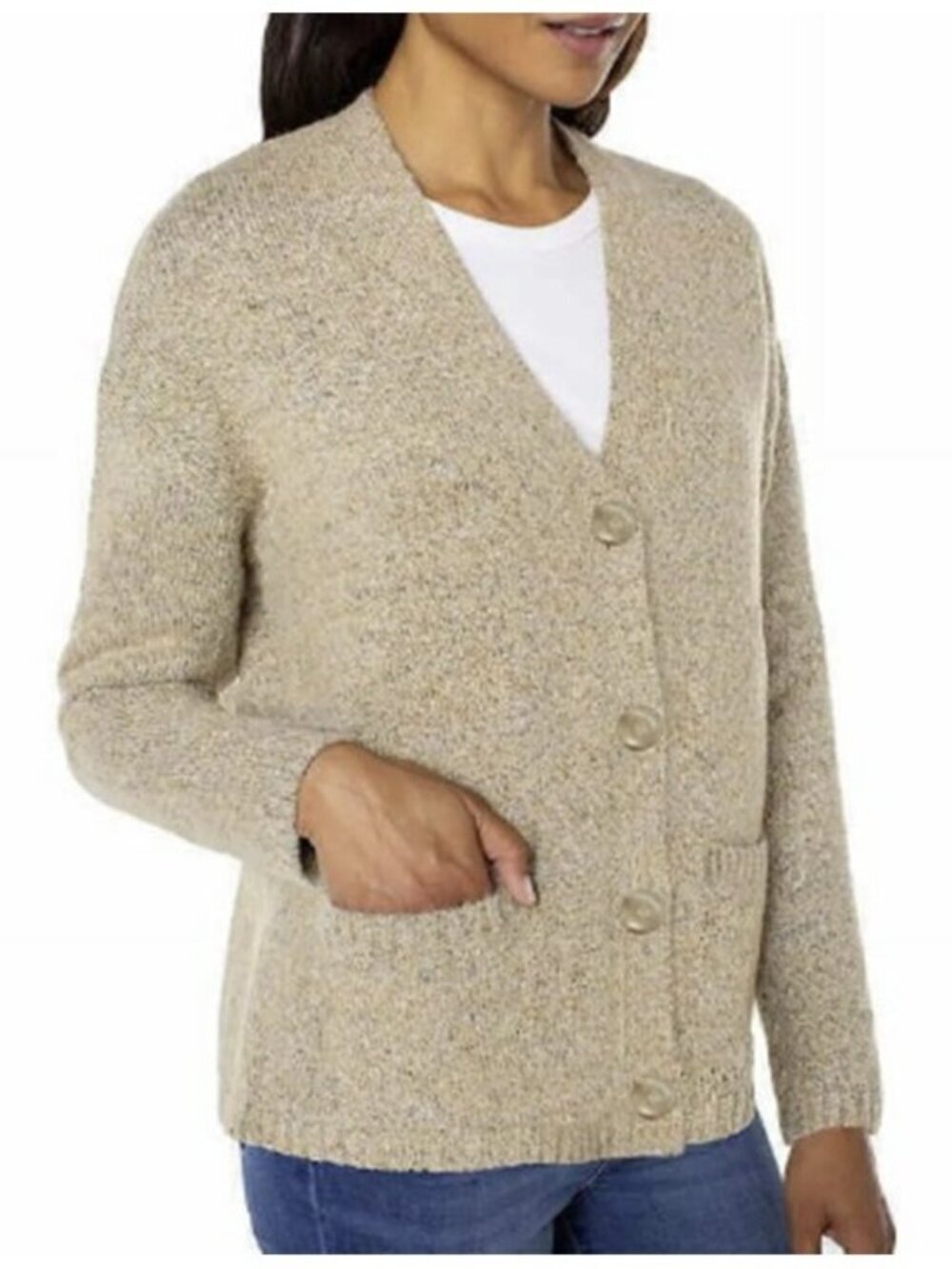 Well Worn Women's New Boyfriend Knit V Neck Button Up Tan Cardigan Sweater XS
